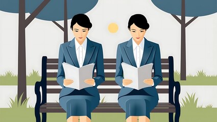 Two Women Reading Books in a Park Setting with Trees and Sunlight, Depicting Leisure and Calm Atmosphere in a Modern Illustration Style