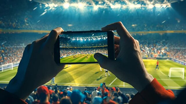 A hand with a smart phone in a stadium, during a sports event, AI Generated