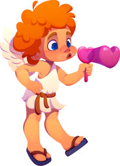 Cartoon valentine cherub and angel character with orange curls and white wings, playfully blowing bubbles shaped like pink hearts, conveys love and lighthearted fun for valentines day romantic events