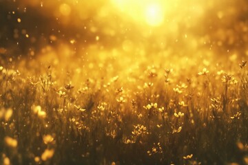 Golden hour glow over a meadow with soft focus on yellow flowers and grasse