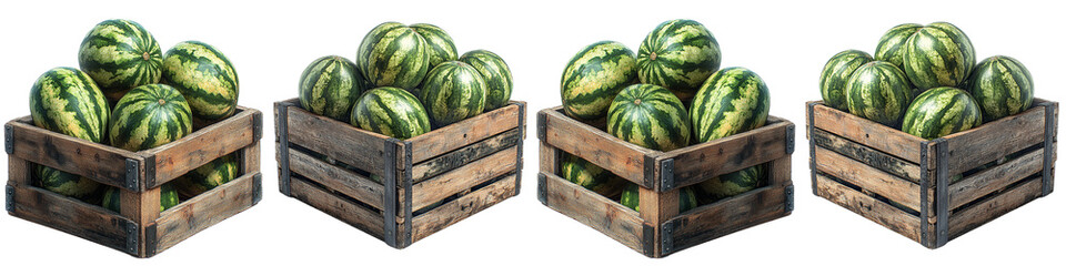 Four wooden crates filled with watermelons