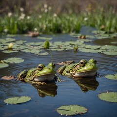 Obraz premium Photograph frogs croaking in a springtime pond.