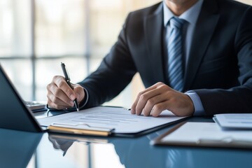 Human resources and management theme focusing on an employee manually filling out paperwork and completing a checklist on a clipboard, highlighting a hands-on approach