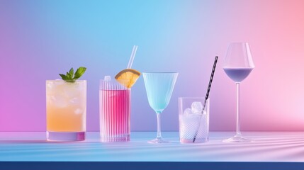 A row of colorful drinks and glasses on a table, with a blue background