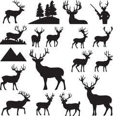 Fototapeta premium Deer silhouette vector set, Collection of reindeer silhouette isolated on white background. vector illustration