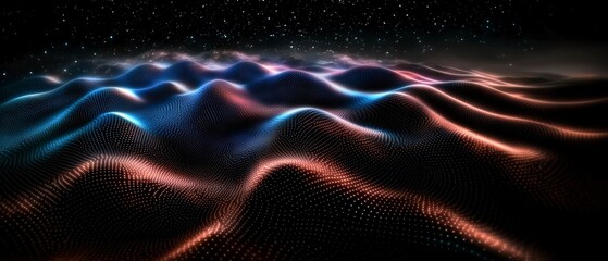 Obraz premium Psychedelic Futuristic Landscape Dark Blue Magenta Red Light Waves