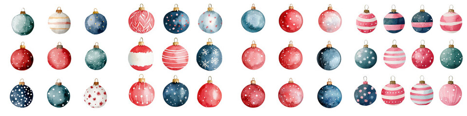 Obraz premium Assortment of Colorful Christmas Ornaments in Classic Shapes and Patterns Collection of Hanging Decorative Baubles in Red Blue Polka Dot and Striped Designs for Holiday and