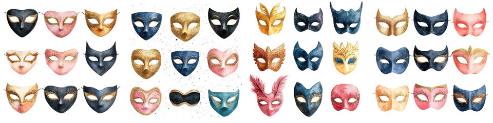 A colorful collection of ornate vibrant carnival masks showcasing the diverse styles designs and cultural traditions of masquerade fashion and performance arts