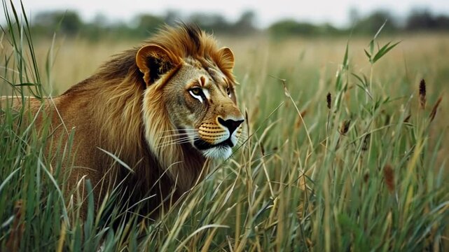 Kenya lion prowling through tall grass, its golden mane blending with the dry landscape