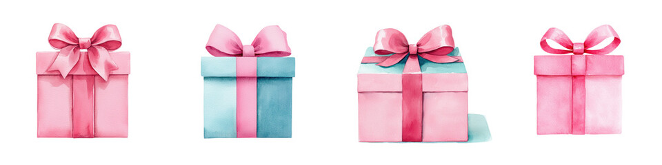 Assortment of Beautifully Wrapped Gift Boxes with Vibrant Pink and Blue Bows for Celebratory Occasions Such as Birthdays Anniversaries Christmas and Valentine s Day