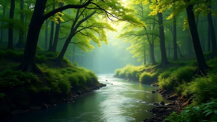 Obraz premium Misty Morning in the Forest with Sun Rays