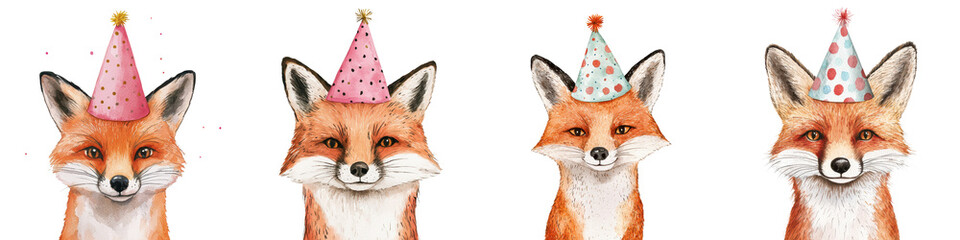 Obraz premium Charming Foxes Celebrate with Festive Party Hats in Whimsical Woodland Scene Adorable orange foxes wearing colorful party hats pose in a natural forest setting