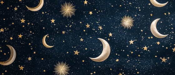 Naklejka premium Celestial Night Gold Moons Stars Sunbursts on Dark Blue