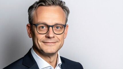 Portrait of Confident Businessman with Glasses and Short Hair Against Plain Background