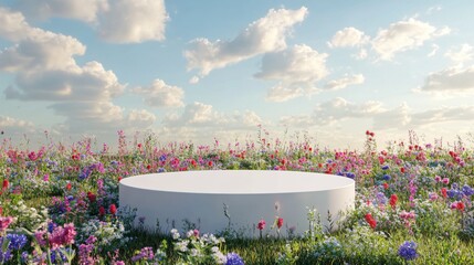 Serene Natural Landscape with Round Platform Surrounded by Colorful Wildflowers