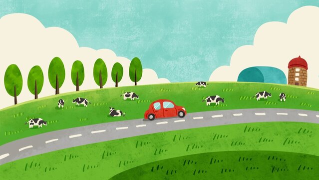 乳牛とサイロの風景　ドライブする赤い車　水彩風手描きイラスト