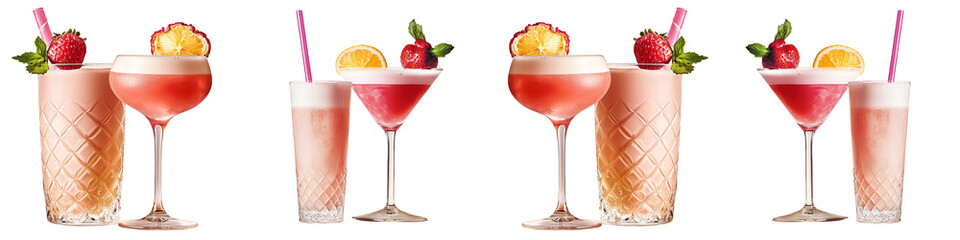 A row of colorful cocktails in glasses