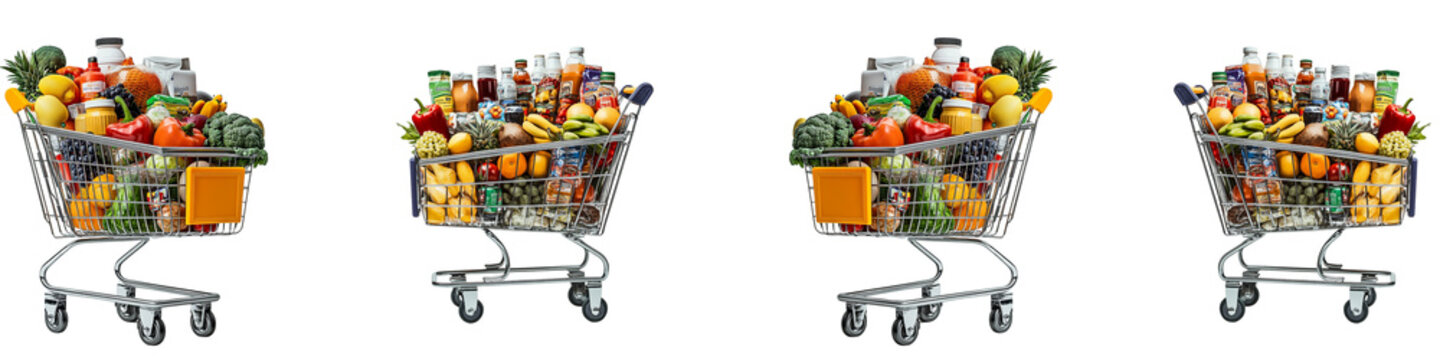 Four shopping carts filled with fruits and vegetables