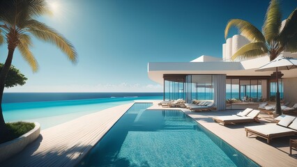 Obraz premium Sun loungers on the sun terrace by the pool with panoramic views of the beach. Modern beach hotel with panoramic sea views.