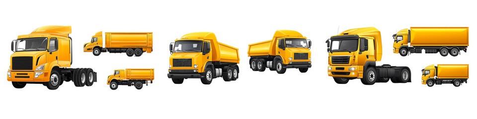 A row of yellow semi trucks