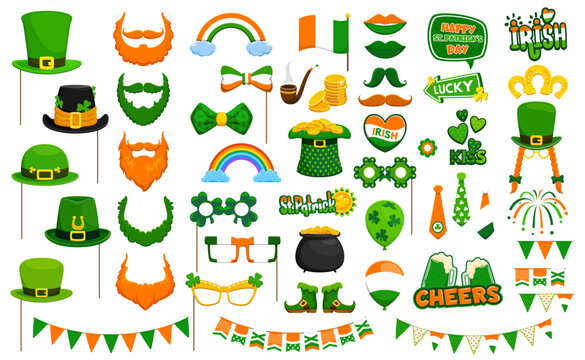 St Patrick day holiday party photo booth, Irish green photobooth stickers. Vector props include hat, beard, flag, clover and shamrock. Mustache, bow tie, glasses, balloon, beer, boots, arrow and heart - Powered by Adobe