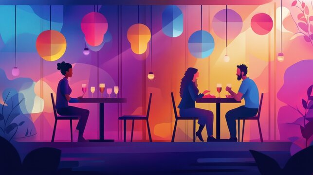 Hangouts abstract concept vector illustration set. Friends meeting, romantic blind date, leisure time, soul mate, romantic relationship, love story, Valentine day, restaurant abstract metaphor.