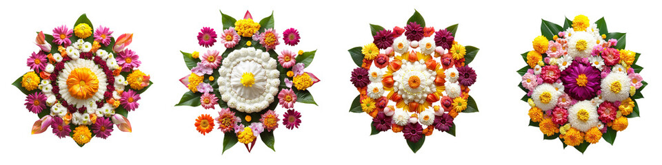 Four different flower arrangements are shown in a row