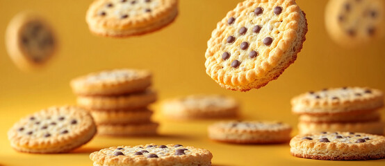 An advertising poster of cookies, Cookies with chocolate chips and puffed rice. Cookies hanging in the frame.