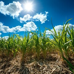 Sugar Cane field with blue sky and white clouds background.