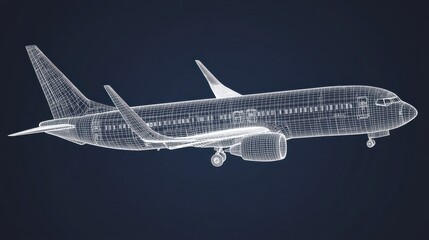 A 3D wireframe representation of an airplane, isolated against a dark blue background in an abstract vector style