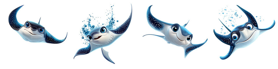 Four cartoon fish with their mouths open and their eyes closed