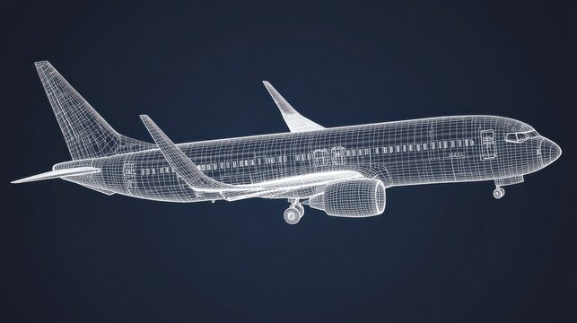 A 3D wireframe representation of an airplane, isolated against a dark blue background in an abstract vector style