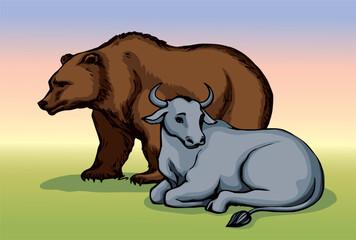 Vector drawing. Cute big cow with bear