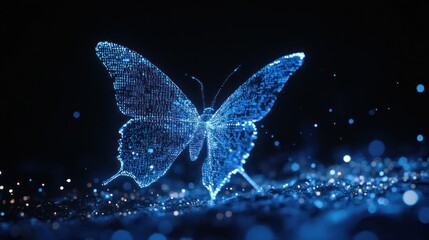 This nocturnal butterfly's latest technological display emerges from digital data and binary code, flying in a dark space with glowing particles surrounding it