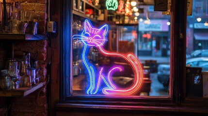 Obraz premium Neon Cat Sign in City Window