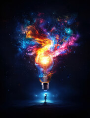 A figure stands beneath a glowing light bulb, surrounded by a vibrant cosmic explosion of colors, symbolizing creativity, inspiration, and the limitless potential of human imagination.