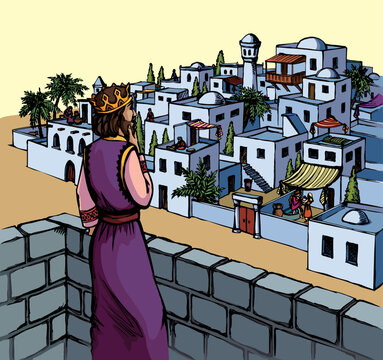 Vector drawing. King David on the roof of palace