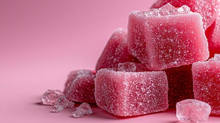 A pile of pink sugar cubes on a pink background