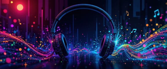 Futuristic headphones with glowing neon lights and musical notes, creating a vibrant and energetic scene, great for music or tech-related projects.