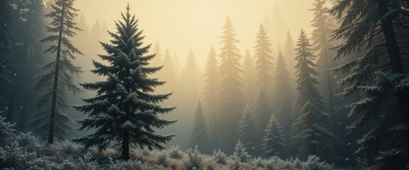 Obraz premium Winter forest scene with tall pines and a peaceful, foggy atmosphere, great for nature-themed or calming design projects.