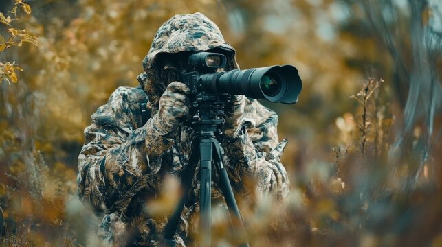 Fototapeta wildlife photographer using telephoto lens with camouflage coating photographing wild life using gimbal head on tripod