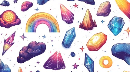 Naklejka premium Colorful celestial patterns and crystals in whimsical fantasy art