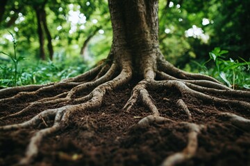 Detailed Roots of a Tree Emerging from Rich Soil in a Lush Green Forest Setting