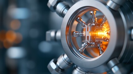A close-up view of a metallic device showcasing intricate components and glowing elements, exemplifying advanced technology and engineering design.