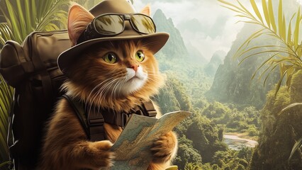 Funny image of an explorer cat wearing a safari hat and carrying a map, with a jungle landscape in the background. Generative AI image