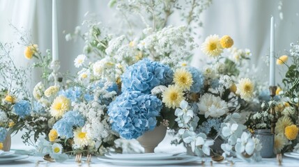 A dreamy floral setup with soft blue hydrangeas and pale yellow daisies, creating a tranquil design