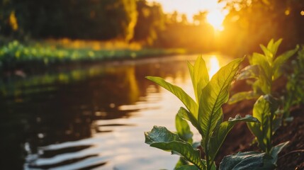 Fototapeta premium Soft Morning Light on Crops by Village Pond
