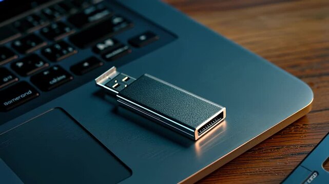 Close up of metal USB flash drive connected to laptop