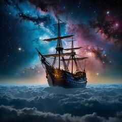 Fototapeta premium A Magical Fairytale Ship Floating Gracefully Through a Sea of Stars, Perfect for Enchanting Storytelling and Fantasy Themes