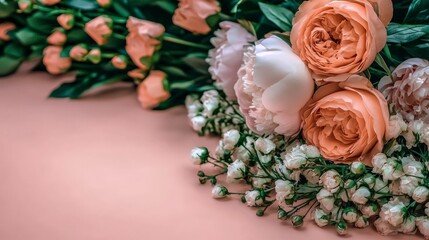 Elegant Peach Roses  Peonies   Baby s Breath Bouquet on Pink
